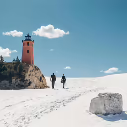 two people walking up a snowy path to a tower