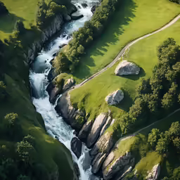 a river in the middle of some very pretty green fields