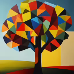 abstract colorful tree on sky blue background, with red and yellow colors