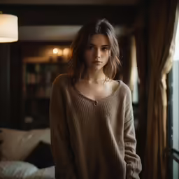 a woman is standing in a dimly lit room
