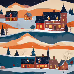 houses and hills at dusk with snow on them,a red house with snow and trees is featured on a wintery day