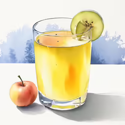 a painting of a glass of cider with an apple on the side