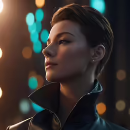 a woman in a black leather jacket stands in front of many lights