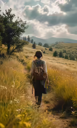 the woman is walking alone in the field