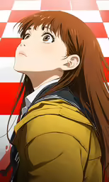a girl standing in front of a red and white background