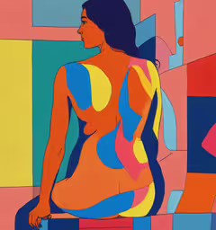 a painting of a female figure in a colored abstract way,the image of an abstract painting is of a woman