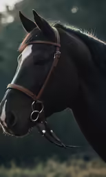 a closeup of a horse wearing a harness
