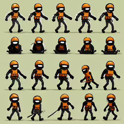 a bunch of different poses and expressions of a person in a helmet,various cartoon style characters with different poses