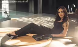 a woman is posing in a black jumpsuit sitting on the ground
