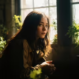 a young woman sitting in front of windows