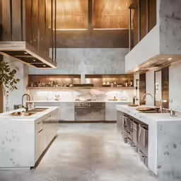 a large kitchen has white counters and gold fixtures