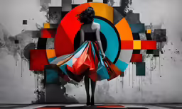 a woman is holding bags while standing in front of a wall with art