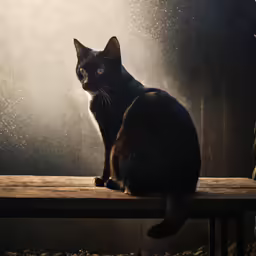 a cat sitting on a wooden bench in a park