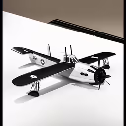 a model airplane is shown on a white surface
