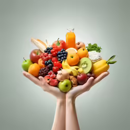 a large bunch of fruit in hands against a light background