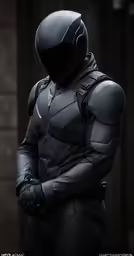 the black costume for dafton is standing with his arm folded
