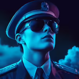 a man with glasses and a hat on, standing in front of clouds