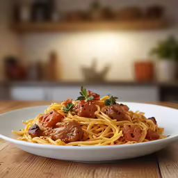 pasta with meat and parsley served on wooden table