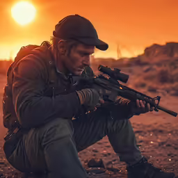 a man kneeling down while holding onto an object