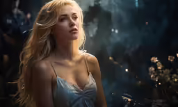 the blonde woman in the dress looks away while two other people stand in the background