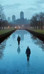 two people are walking on a canal in the rain