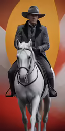a man in a hat riding a white horse