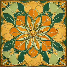 a flower with multiple petals painted on it,an art nouveau tiled background with orange and green petals