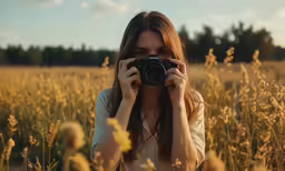 a woman is taking a photo in the field with her camera