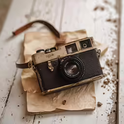 a camera laying on top of a paper bag