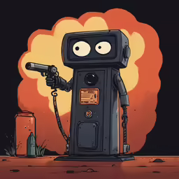 a small robot holding a gun standing in front of a building