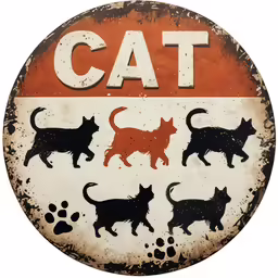 several cat pictures arranged on a sign that is rusted