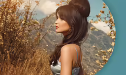 a woman wearing long dark brown hair in front of a mountain range