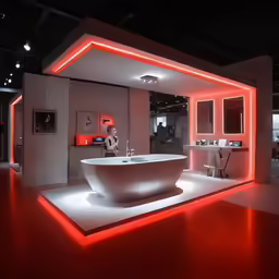 a red lit room with a large tub in the center