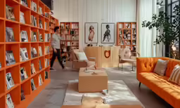 a person walking through a book store with shelves filled with books