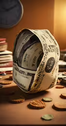 some currency bills sitting inside a piece of toilet paper,paper and currency are wrapped up and on a table