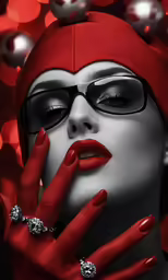 a close up of a woman with red lips wearing glasses and a beanie hat