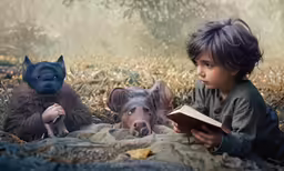 a young boy sitting in the grass next to animals