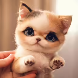 a small kitten is being held up in the air