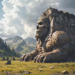 two large statues are in an open field