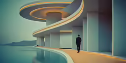a man standing in front of the ocean looking at the building