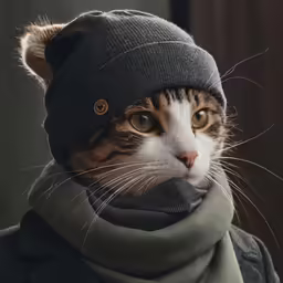 the cat is wearing a hat and scarf
