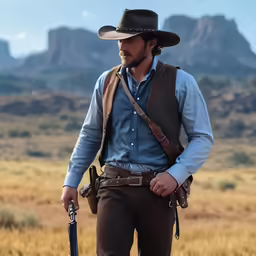 a man holding two gun in his left hand and wearing cowboy style hats