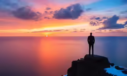 a person standing on a cliff next to the ocean during sunset