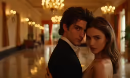 the young man and woman are posing in front of the camera