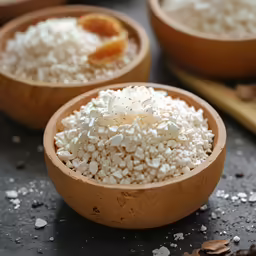 three bowls of white food on a table