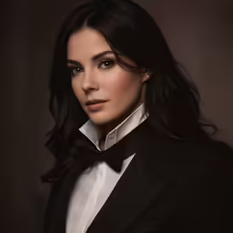 woman wearing black tuxedo standing and looking straight ahead
