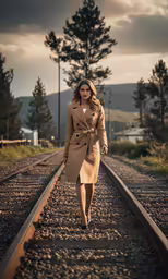 a woman wearing a trench coat walking down a railroad track