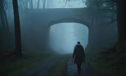 a man standing on a road that has fog under it