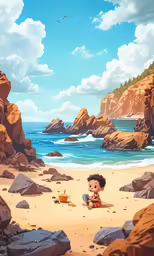 a painting of a little boy sitting on the beach