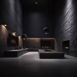 a dimly lit kitchen with stone walls and lighting